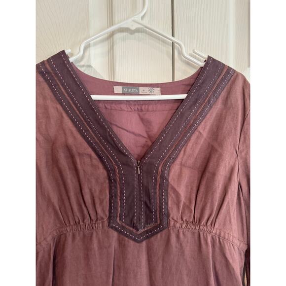 Athleta Deep Burgundy Linen Blend Tunic Dress Bohemian 3/4 Sleeve - Picture 4 of 8